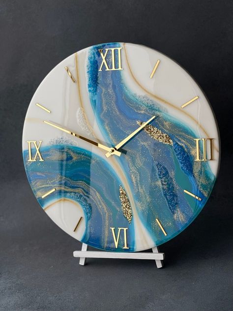 Resin Painting Wall Clock, Blue Gold Abstract Wall Clock, Epoxy Resin Clock, Luxury Wall Clock, 5th Anniversary Gift, Exclusive Clock Art - Etsy UK Painting Wall Clock, Epoxy Clock, Resin Art Canvas, Resin Clock, Personalized Clocks, Custom Clocks, Wall Ar, Resin Wall Art, Kitchen Wall Clocks