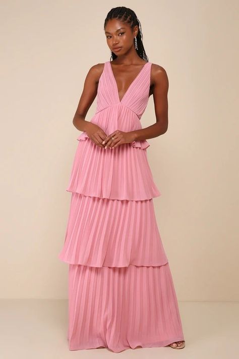 Mesmerizing Essence Pink Pleated Backless Tiered Maxi Dress | Lulus Pink Tiered Maxi Dress, Fashion Widgets, Knot Tie Dress, Backless Gown, Prom Inspo, Bridesmaid Ideas, Pleated Gown, Pink Bridesmaid Dress, Pink Bridesmaid Dresses