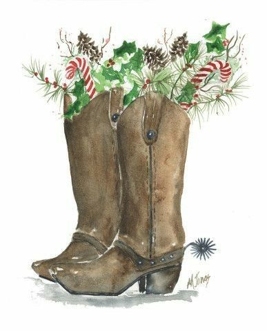 December Painting, Christmas Study, Cowboy Draw, Tattoo Nails, Watercolour Cards, Christmas Boots, Christmas Card Art, Cowboy Christmas, Holiday Painting