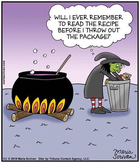 Will I ever remember to read the recipe before I throw out the package? ~ witch brewing in cauldron | Half Full (2018-06-02) via GoComics Witch Brewing, Age Humor, Miles Morales Icon, Wholesome Comics, Savage Texts, Book Advertising, Create A Comic, Rwby Comic, Single Humor