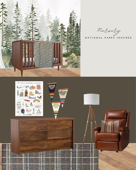 Moody, colorful, woodsy nursery plans pulling inspiration from adventure and national parks. National Parks Home Decor, National Park Bedroom, National Parks Nursery, Outdoorsy Nursery, National Park Nursery, Woodsy Nursery, Muslin Quilt, Nursery Planning, Gallery Wall Nursery