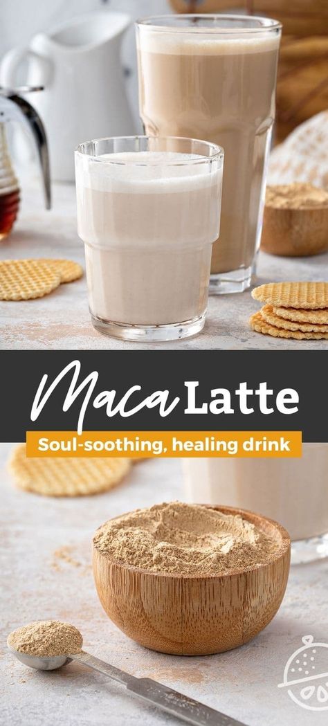 This soul-soothing, healing Maca Latte works wonders! Enjoy the benefits of one of the most powerful superfoods, maca powder, while drinking a cup of this easy to make maca coffee. This creamy, rich and energizing caffeine-free drink is packed with antioxidants and dense in nutrients. #lemonblossoms #maca #superfoods #healing #drinks #coffee Maca Drink, Maca Smoothie Recipes, Maca Coffee, Maca Powder Recipe, Maca Powder Benefits, Maca Latte, Healing Drinks, Maca Recipes, Maca Smoothie