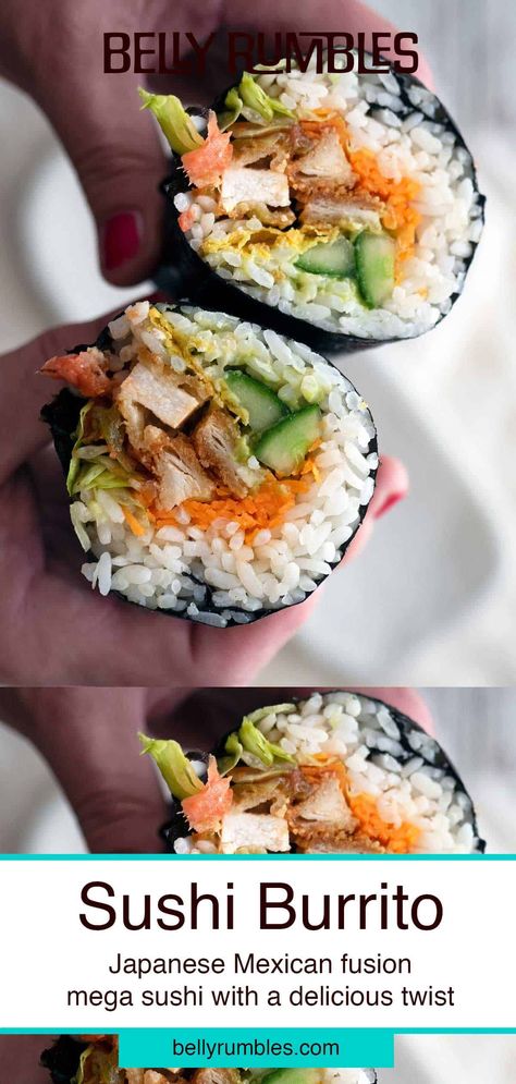 Sushi Burrito, yes they are a thing! By following my step by step instructions making them at home is super easy, and you'll love my katsu chicken version. I also share lots of alternative sushi burrito filling ideas too. Burrito Filling Ideas, Burrito Filling, Katsu Chicken, Poke Sushi, Sushi Fillings, Chicken Sushi, Sushi Rice Recipes, Sushi Burrito, Shrimp Sushi