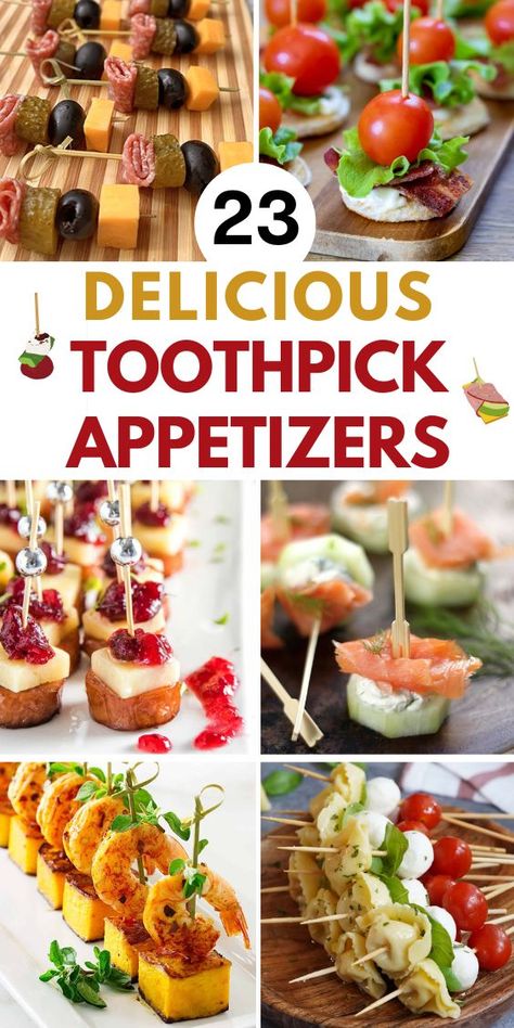 23 Easy Toothpick Appetizers and six photos of different party finger food: blt, cranberry bites, salmon bites, shrimp bites, tortellini caprese, pickles and ham Party Finger Foods Cold, Fun Easy Appetizers Finger Foods, Appetizer On Toothpick, Toothpick Finger Foods, Appetizers Easy Finger Food Appetizer Recipes Simple, Cold Appetizer Recipes Finger Foods, Food On A Toothpick, Carb Free Appetizers For Party, Easy Party Snacks Finger Foods Simple