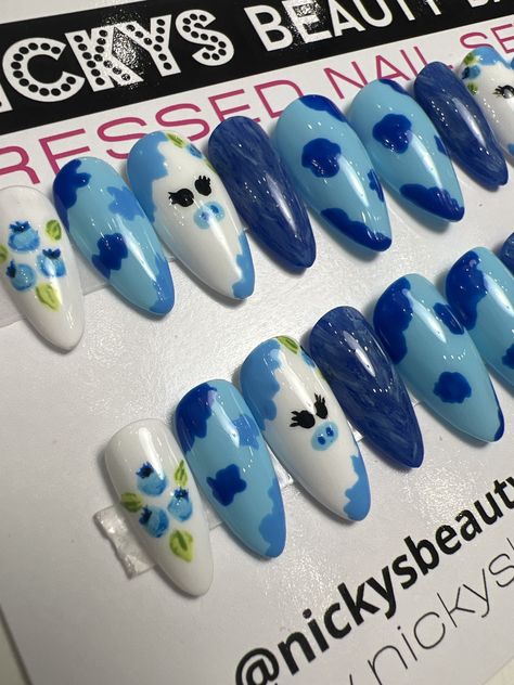 press on nails, fake nails and handprinted nails Blueberry Cow Nails, Blueberry Nail Art, Blueberry Nails, Raspberry Nails, Cow Nails, Future Clothes, Sugar Scrubs, Press Ons, Blue Raspberry