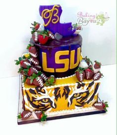 LSU cake. Lsu Cake, Lsu Party, Grooms Cake Tables, Tiger Cake, Bed Party, Truck Cake, Truck Cakes, Purple Wedding Cakes, Geaux Tigers