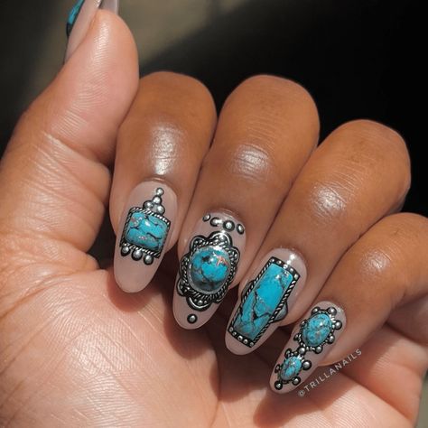 Fall Western Nails, Western Nail Ideas, Western Nail Art, Rodeo Nails, Gradient Nail Design, Western Nails, Country Nails, Country And Western, Turquoise Nails