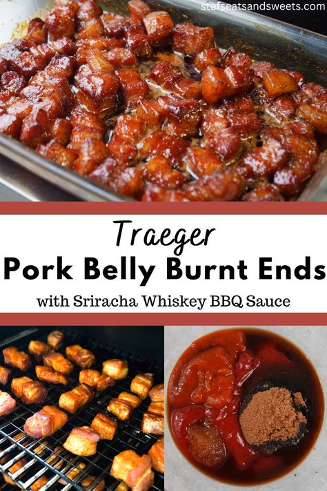 Sriracha Whiskey Smoked Pork Belly Burnt Ends | A little crispy, a little soft and loaded with flavor. These Sriracha Whiskey Smoked Pork Belly Burnt ends are a must try! Little bites of pork with a sweet and spicy homemade bbq sauce. Just the right amount of smoky flavor, too. I can’t believe I have been smoking meats for years and just realized how amazing this way of preparing pork belly is! Easy Smoker Recipes, Smoked Pork Belly, Pork Belly Burnt Ends, Smoked Pork Loin, Homemade Bbq Sauce, Burnt Ends, Bbq Sauce Homemade, Homemade Bbq, Game Day Snacks