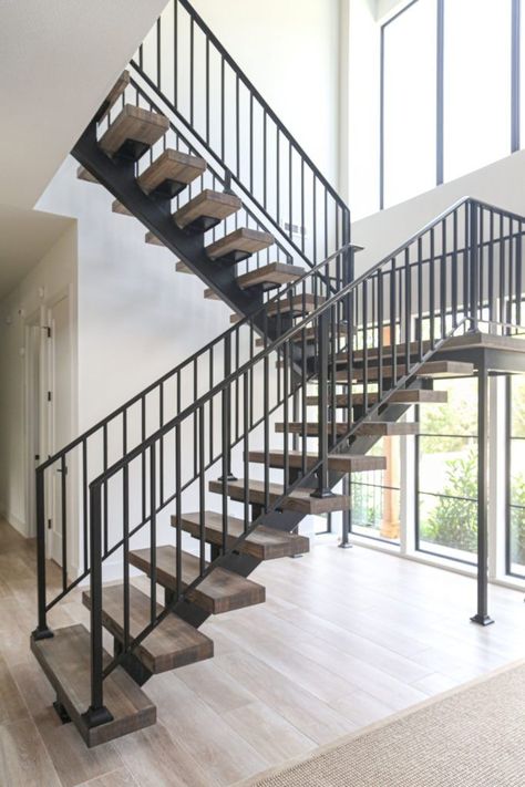 Modern Farmhouse Lake House - Beaver lake project Modern Farmhouse Stairs, Modern Farmhouse Lake House, Modern Stair Railing Ideas, Farmhouse Lake House, Farmhouse Stairs, Outdoor Interior Design, Outdoor Interior, Rustic Staircase, Open Concept Great Room