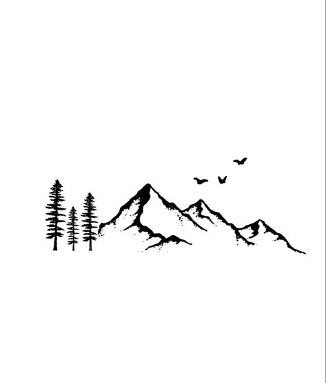 Pnw Mountain Tattoo, Mountains With Birds Tattoo, Simple Fine Line Mountain Tattoo, Simple Mountain Tree Tattoo, Mountain Cloud Tattoo, Mountain And Bird Tattoo, Small Wilderness Tattoo, Mountain Arrow Tattoo, Mountain Sun Tattoo Simple