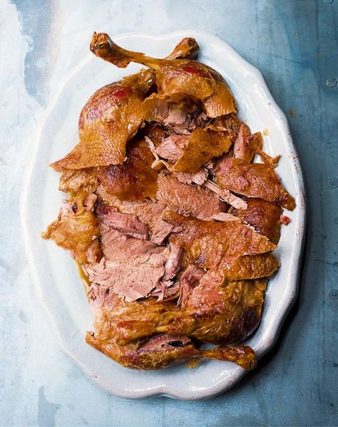 Roast Duck with Orange, Soy and Ginger | Nigella's Recipes | Nigella Lawson Duck Pancakes Recipe, Nigella Recipes, Roasted Duck Recipes, Duck Pancakes, Soy Ginger, Duck Recipe, Tender Meat, Ginger Sauce, Roast Duck