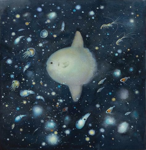 World Illustration, Illustration Watercolor, Jellyfish, The Moon, Illustrator, Fish, Moon, Illustrations, Water