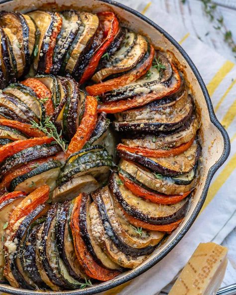 Healthy Eggplant and Zucchini Gratin Recipe | Healthy Fitness Meals Vegetable Gratin Recipes, Ratatouille Recept, Zucchini Gratin, Healthy Eggplant, Thanksgiving Vegetables, Eggplant Zucchini, Fitness Meals, Ratatouille Recipe, Healthy Fitness Meals