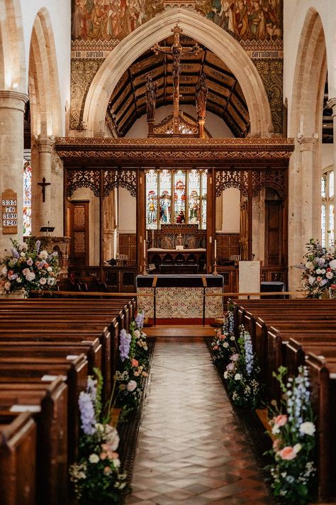 Blue and pink wildflowers decorating the church wedding aisle for a traditional religious ceremony Church Wedding Aisle, Wedding Decor Aisle, Ceremony Decorations Church, Small Church Weddings, Church Aisle Decorations, Wedding Church Aisle, Church Aisle, Pink Wildflowers, Wedding Church Decor