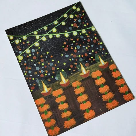 Diwali Paintings Easy, Diwali Theme Painting, Diwali Aesthetic Painting, Diwali Special Sketch, Diwali Card Aesthetic, Festival Of Lights Drawing, Diwali Inspired Painting, Diwali Acrylic Painting Ideas, Diwali Fabric Painting