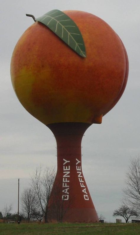 Gaffney Peach Water Tower Big Peach, Peach Water, Tower Light, Snow Forest, Wall Street Art, Candle In The Wind, Farm Art, Roadside Attractions, Big Art