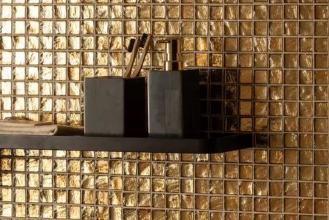 How to add gold mosaic tiles to your bathroom Feature Wall In Bathroom, Gold Mosaic Tile, Sicis Mosaic, Gold Mosaic, Gold Tile, Bamboo Mirror, Herringbone Tile, In Bathroom, Porcelain Mosaic