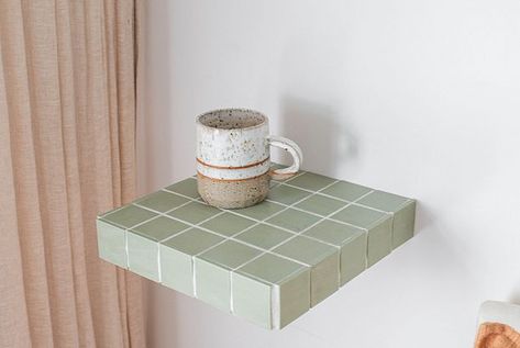 How To Make A Tiled Floating Shelf Tiled Shelf In Bathroom, Spare Tiles Ideas, Floating Shelves For Tile, Floating Shelf On Tile Wall, Tiled Floating Shelf, Mounting Shelf On Tile, Tiled Shelf, Tile Shelves, Tile Shelf