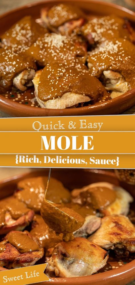 Mole is a rich, dark complex sauce made with chile peppers, chocolate and many more ingredients. Today I am sharing a quick and easy mole recipe that you can make any day of the week, but this simplified version doesn’t skimp on flavor it is rich, savory and delicious. #mole #sauce #mexican #mexicanrecipe #molerecipe | SweetLifeBake.com @SweetLifeBake Easy Mole Recipe, Mole Recipes, Chocolate Desserts Fancy, Mexican Sauces, Mexican Mole, Mole Recipe, Chicken Delight, Fancy Chocolate, Nourishing Recipes