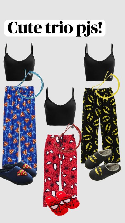 #trio #matchingoutfits #pjs #cozy #goals #batman #spiderman #superman Pj Outfit, Bff Matching Outfits, Cute Group Halloween Costumes, Bff Matching, Matching Outfits Best Friend, Batman Spiderman, Cute Pajama Sets, Casual Preppy Outfits, Cute Lazy Day Outfits