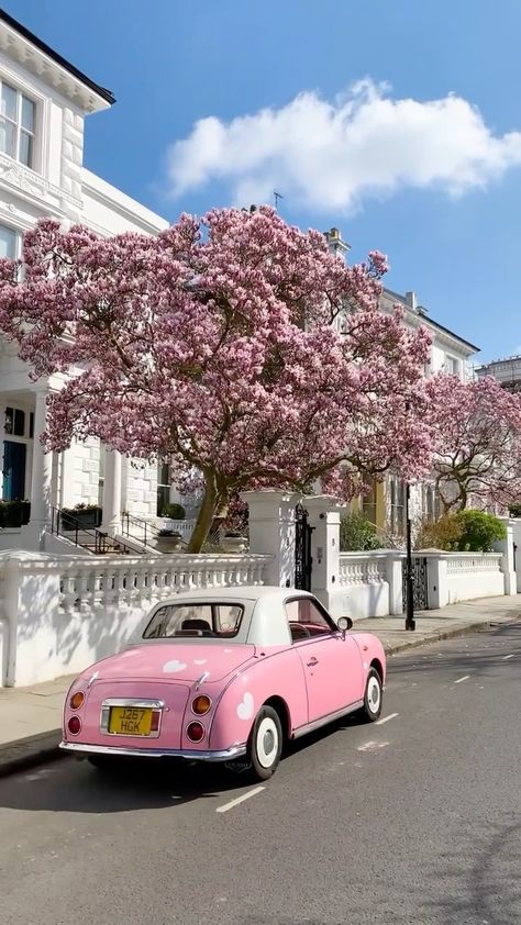 lepinkfigaro on Instagram: Hello magnolia season 🌸✨ Love from Lola #lepinkfigaro #pinkinmyfeed #nissanfigaro #pinkcar #pinkfigaro #pinkpinkpink #pinkaesthetic… Baileys Aesthetic, Light Pink House, Pink City Aesthetic Wallpaper, Pink Aesthetic Travel Pictures, Pink Aesthetic Building, Pink Cars Vintage, Vintage Pink Car Aesthetic, Pink Places, Sunghoon Wallpaper