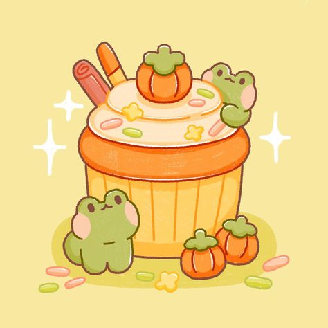 Cute Autumn Drawings, Cozy Prints, Pumpkin Spice Art, Round Frog, Cute Fall Pictures, Pie Drawing, Frog Cake, Pies Art, Fall Drawings