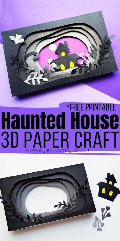 How to make a 3D haunted house paper craft using everyday crafting materials. A super simple craft for kids using a free printable craft template House Paper Craft, 3d Haunted House, Haunted House Project, Haunted House For Kids, Haunted House Craft, Art Craft Ideas, Castle Crafts, Printable Craft Templates, House Craft