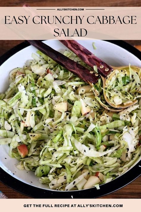 Bowlful of cabbage salad with salad spoons. Raw Cabbage Recipe, Crunchy Cabbage Salad, Napa Cabbage Recipes, Green Apple Salad, Napa Cabbage Salad, Cabbage Salad Recipe, Raw Cabbage, Cabbage Salad Recipes, Apple Salad Recipes