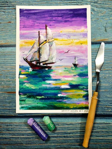 Ship On The Sea, Oil Pastel Paintings, Oil Pastel Art, The Ship, Pastel Art, Pastel Painting, Oil Pastel, Under The Sea, The Sky