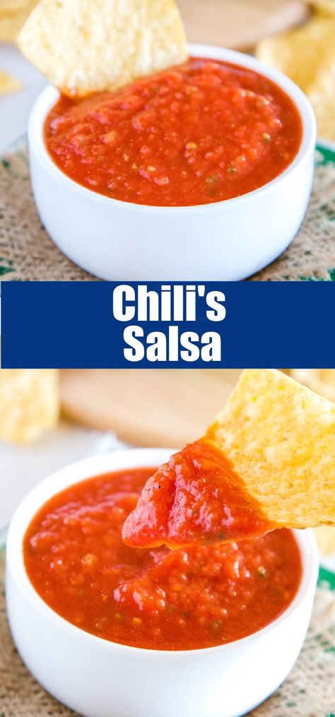 Chili's Salsa Recipe - do you love the restaurant Chili's chips and salsa? It is so easy to make at home year round!  Great for taco night, game day or just because! Chilis Copycat Salsa, Copycat Salsa, Chili's Salsa Recipe, Homemade Salsa Recipe, Mexican Dinner, Taco Night, Homemade Salsa, Chips And Salsa, Salsa Recipe