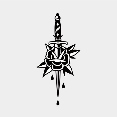 Knife And Rose Tattoo, Dagger Tattoo Design, Rose And Dagger Tattoo, Dagger Design, Traditional Dagger Tattoo, Traditional Tattoo Drawings, Rose And Dagger, Traditional Black Tattoo, Knife Tattoo