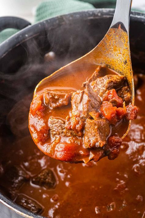 This texas chili recipe will be a crowd pleasing favorite! Tender stew meat cooked with smoky, savory spices, without beans is delicious and easy to make. Chili Recipe Texas Style, Beef Chili Without Beans, Beef Cube Chili Recipe, Chili Recipe Using Stew Meat, Beef Stew Chili Recipe Crockpot, Beef Tips Chili Recipe, Chili With Stew Meat And Ground Beef, Chili Recipe Beef Steak, Beef Chili Recipe No Beans