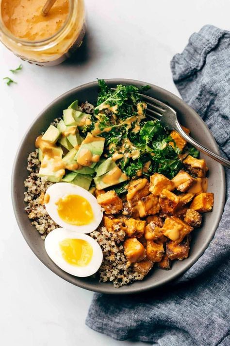 Healthy and versatile bowls that come together under a generous drizzle of addictingly creamy vegan chipotle tahini sauce. #bowl #tahini #chipotle #lunch | pinchofyum.com Tahini Rice Bowl, Tahini Power Bowl, Bowls With Tahini Dressing, Roasted Veggie Chickpea Bowls With Maple Dijon Tahini, Herby Tahini Grain Bowl, Vegan Chipotle, Garlic Juice, Quinoa Sweet Potato, Chipotle Pepper