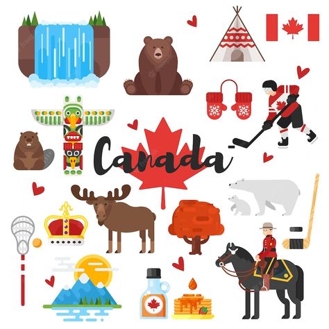 Premium Vector | Vector flat style set of canadian national cultural symbols. icon for web. isolated on white background. Canadian Symbols, Presentation Rubric, Canadian Culture, Happy Canada Day, Color Palette Bright, Canada Day, Flat Style, Canada Travel, Canada Flag