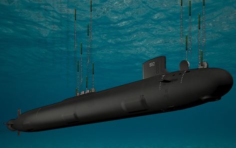 Rendering of Block V Virginia-class submarine with Virginia Payload Module. General Dynamics Electric Boat Image. Virginia Class Submarine, Uss Oklahoma, Us Navy Submarines, Module Design, Uss Arizona, Nuclear Submarine, General Dynamics, Electric Boat, Cruise Missile