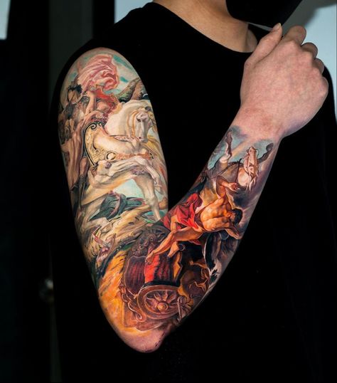 Mythology Tattoos Greek, Tattoos Greek, Arm Tattoos Color, Religion Tattoos, Colorful Sleeve Tattoos, Saint Tattoo, Yellow Tattoo, Tattoo Techniques, Gorgeous Tattoos