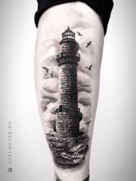 Tattoo uploaded by Joel Meyer | Lighthouse Realistic Tattoo Black and Grey | 779769 | Tattoodo Traditional Lighthouse Tattoo, Nautical Tattoo Sleeve, Tattoo Black And Grey, Scene Tattoo, Inner Bicep Tattoo, Catrina Tattoo, Knight Tattoo, Lighthouse Tattoo, Forarm Tattoos