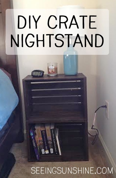 Two crates from Michael's, stain them, glue together -- Easy DIY Crate Nightstand. Crate Nightstand Diy, Nightstand Diy, Shabby Chic Nightstand, Crate Nightstand, Diy Crate, Rustic Nightstand, Hiasan Bilik Tidur, Diy Nightstand, Diy End Tables