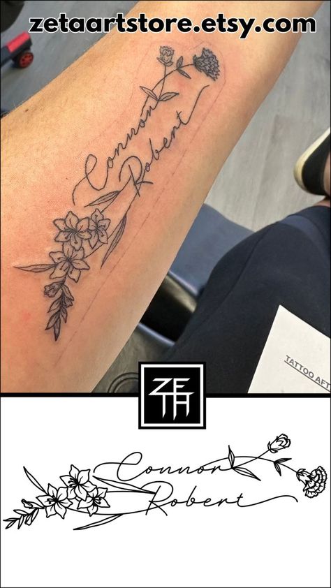 Name Flower Tattoo, Name Tattoos On Wrist, Tattoo Design Name, Horse Tattoo Design, Name Calligraphy, Small Girly Tattoos, Name Flower, Tattoos With Kids Names, Calligraphy Tattoo