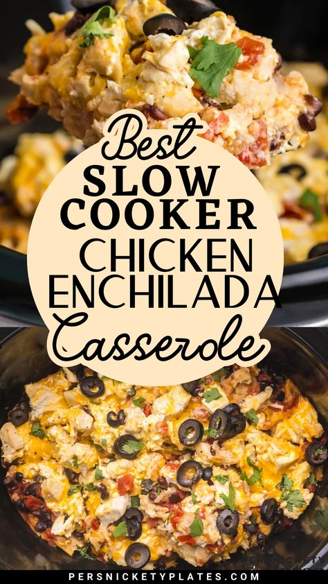 This Slow Cooker Chicken Enchilada Casserole is the ultimate comfort food made easy! Layers of tender shredded chicken, black beans, melted cheese, and tortillas cook low and slow to perfection. No need to roll enchiladas, just layer the ingredients and let the crockpot do the work. Perfect for a stress-free dinner packed with flavor! Slow Cooker Chicken Enchilada Dip, Crockpot Stacked Enchiladas, Slow Cook Chicken Enchiladas, Slow Cooker Meals With Chicken, Crock Pot Chicken Enchiladas Slow Cooker, Healthy Crockpot Chicken Enchiladas, Enchilada Chili Crockpot, Easy Chicken Enchilada Soup Crock Pot, Rotisserie Chicken Enchilada Casserole