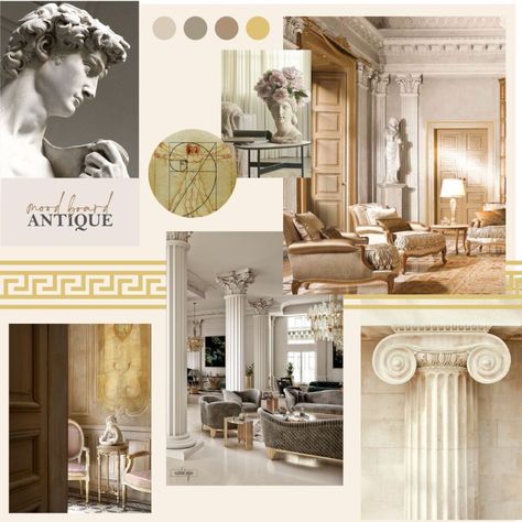 Antique style mood board | interior design Concept Mood Board Interior Design, Renesance Interior Design, French Interior Mood Board, Greek Roman Interior Design, Greek Antique Furniture, Neo Interior Design, Classic Antique Interior Design, Neoclassical Style Interior Design, Roman Style Interior Design