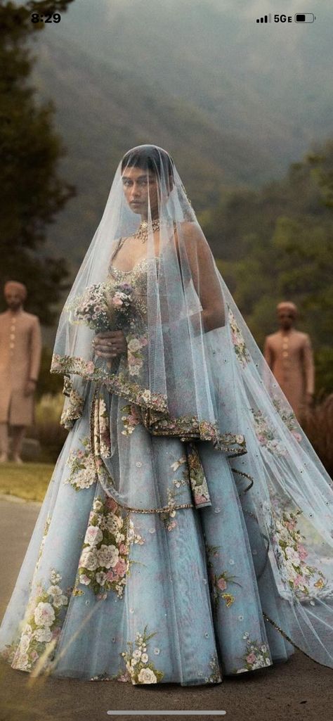 Light Blue Indian Wedding Dress, Blue Wedding Lengha, Royal Indian Wedding Aesthetic, Bollywood Style Floral Embroidery Wedding Gown, Light Blue Desi Wedding Dress, Blue Indian Wedding Dress, Indian Wedding Dress Traditional, Royal Vibes, Sabyasachi Collection