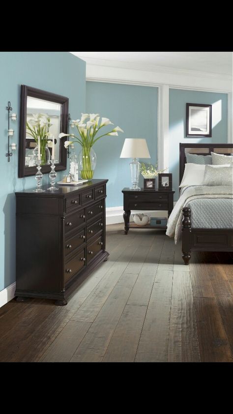 Dark furniture, blue walls, wood floors. I love this!!!! Dark Wood Bedroom Furniture, Dark Wood Bedroom, Dark Wood Furniture, Wood Bedroom Furniture, Brown Furniture, Wooden Floors, Black Furniture, Wood Bedroom, Blue Bedroom