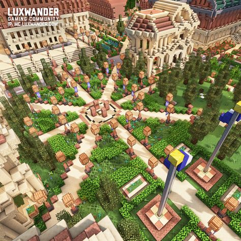 Minecraft University Building, Minecraft Town Square Fountain, Minecraft City Center, Minecraft Town Square Ideas, Town Center Minecraft, Minecraft Town Center, Minecraft University, Minecraft Spawn, Center Courtyard