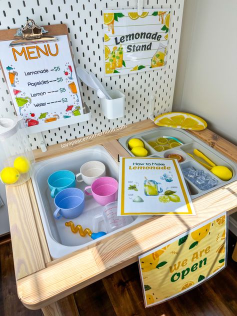 How To Set Up a Lemonade Stand Sensory Bin Activity - Love Peace Motherhood Lemonade Sensory Bin, Lemonade Activities, Flisat Activities, Fun Lemonade, How To Make Lemonade, Sensory Tables, Flisat Table, Toddler Sensory Bins, Ikea Flisat