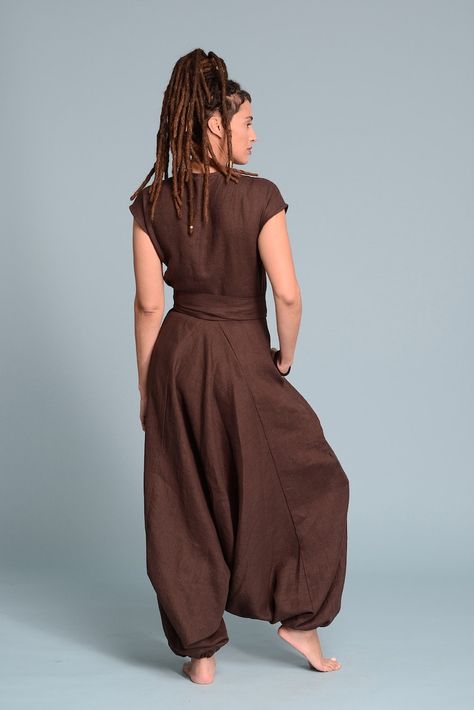 Buy TALISE Dark Brown Linen Wrap Jumpsuit With Wide Harem Pants, Natural Flax Overall, Custom Size Petite Plus Size Women's Flax Linen Clothing Online in India - Etsy Buddha Costume, Jumpsuit Designs, Riley Clemmons, Harem Pants Pattern, 2024 Lookbook, Sleeveless Wrap Top, Harem Pants Jumpsuit, Flax Clothing, Future Aesthetic