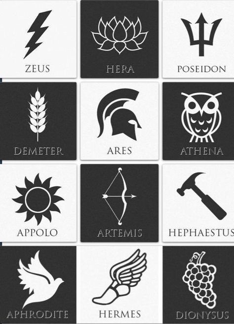 the gods and their symbols Percy Jackson Tattoo, Muse Tattoo, Tato Maori, Greek God Tattoo, Greek Symbol, Greek Mythology Gods, Greek Mythology Tattoos, God Tattoos, Mythology Tattoos