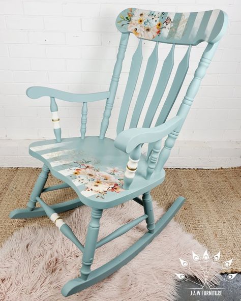 Unique Rocking Chairs, Decoupage Rocking Chair, Rocking Chair Makeover Nursery, Hand Painted Rocking Chair, Painted Childs Rocking Chair, Painting Rocking Chairs Diy, Rocking Chair Paint Ideas, Refurbished Rocking Chair, Wooden Rocking Chair Makeover