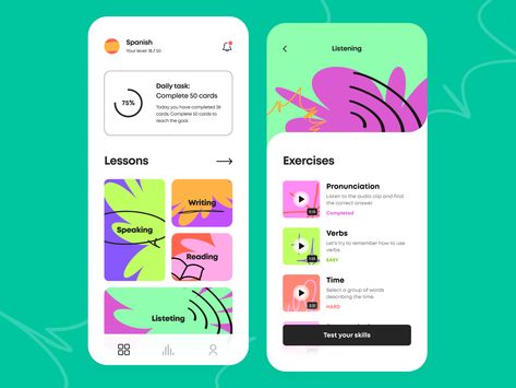 Language Learning - Mobile app by Arounda Gym App, Ui Ux 디자인, App Design Layout, Language Apps, Card Ui, 포트폴리오 레이아웃, App Interface Design, Mobile Web Design, Jackets Casual