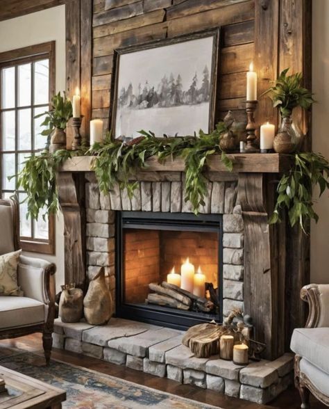 Farmhouse Fireplace Decor, Brick Fireplace Makeover, Fireplace Mantle Decor, Fireplace Mantel Decor, Farmhouse Fireplace, Rustic Fireplaces, Fireplace Remodel, Deco Boheme, Barn Style House